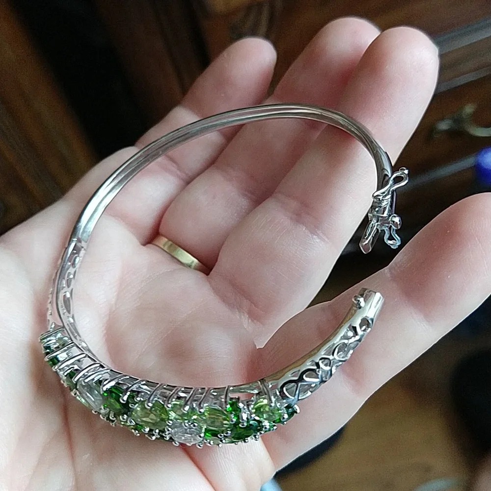 Green and clear gemstone sterling silver 925 bracelet hinged bangle - Picture 6 of 12